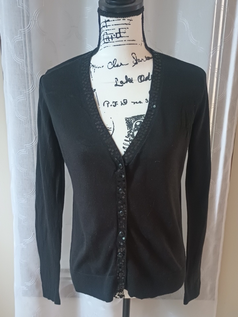 LOFT Black V-Neck Sequin-Trim Cardigan